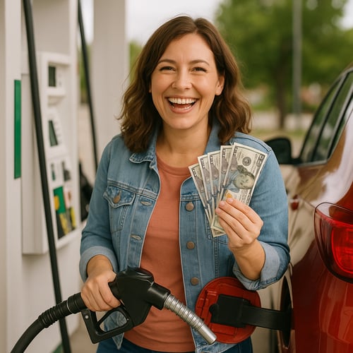 HAppy mom holding cash while pumping gas