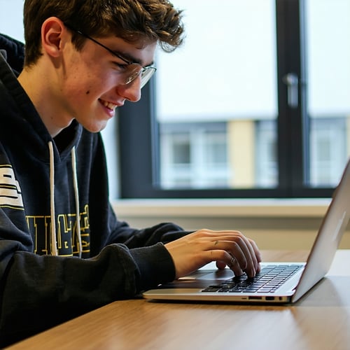 college student typing on laptop